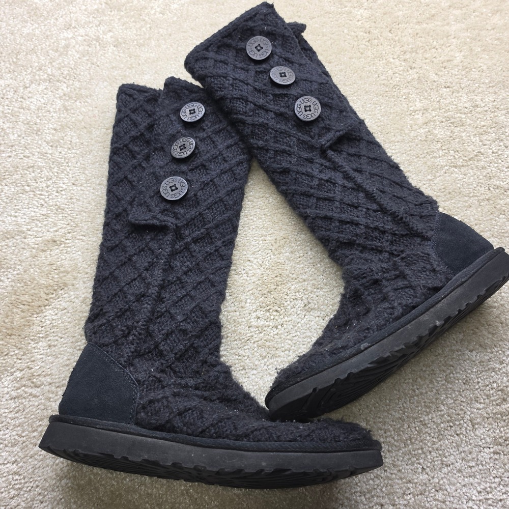 UGG Australia Lattice Cardy Black Knit 3-Button Tall Boots Womens 8. T